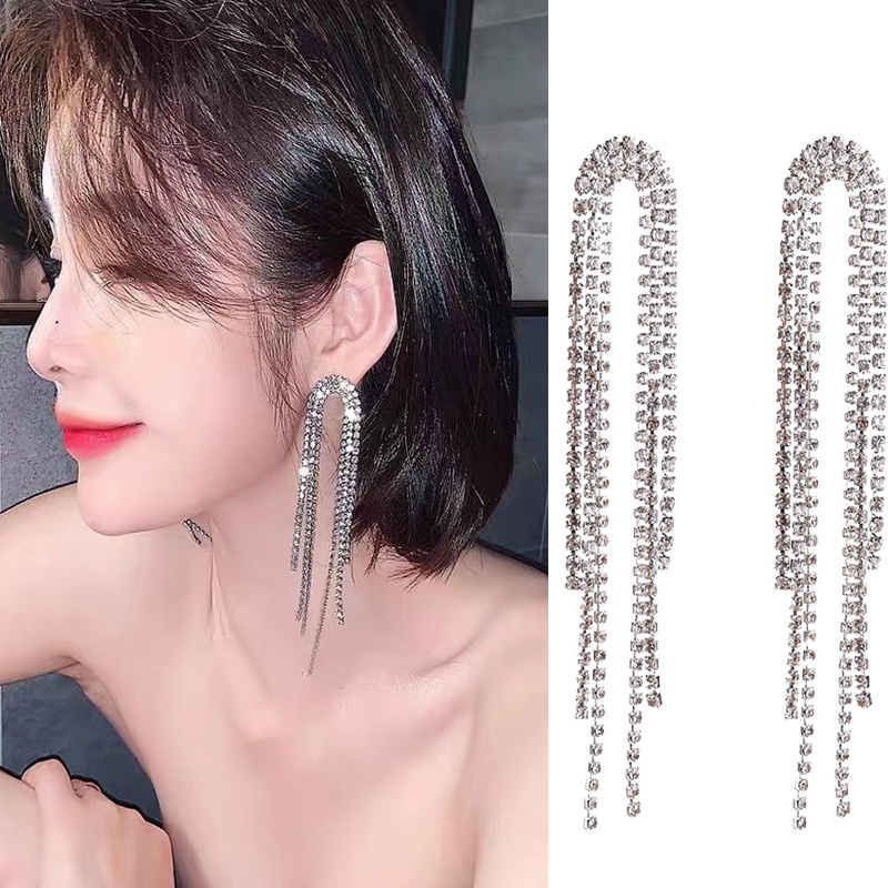 1 Pasang Anting Rumbai Panjang Hias Berlian Imitasi Gaya Korea Untuk Wanita