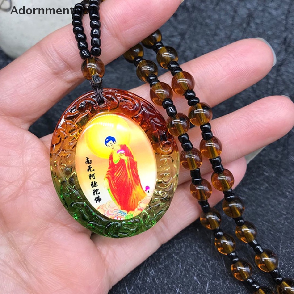 (AdornmentNo1) Kalung Rantai Dengan Liontin Jimat Namo Amitabha Kaca Untuk Pria / Wanita