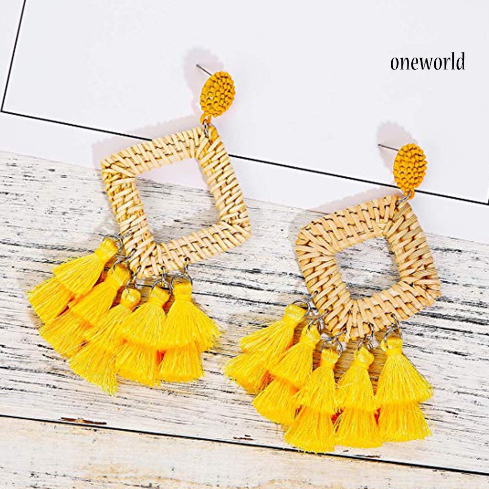 OW@ Boho Women Hollow Rhombus Rattan Woven Tassel Statement Dangle Stud Earrings