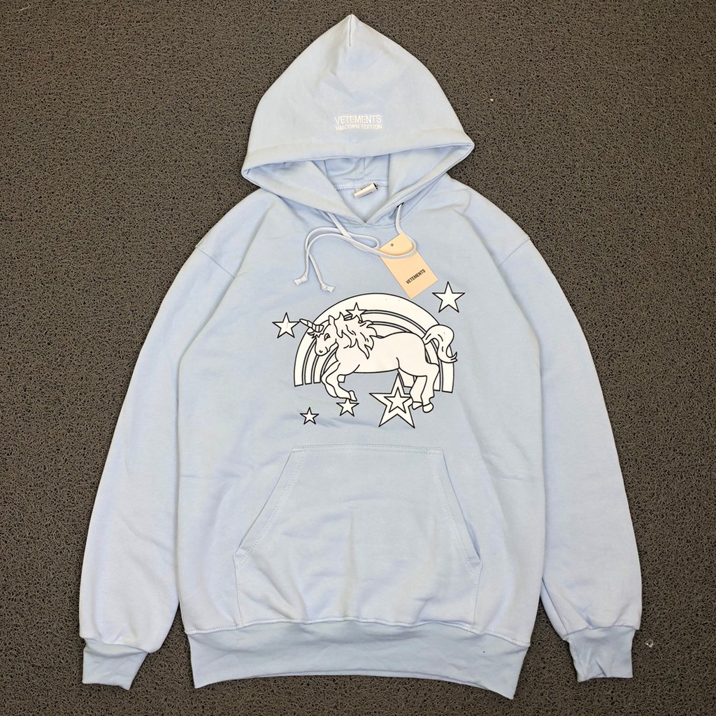 JAKET SWEATER HOODIE VETEMENTS UNICORN EDITION BIRU MUDA PREMIUM AUTHENTIC TERLARIS TERMURAH