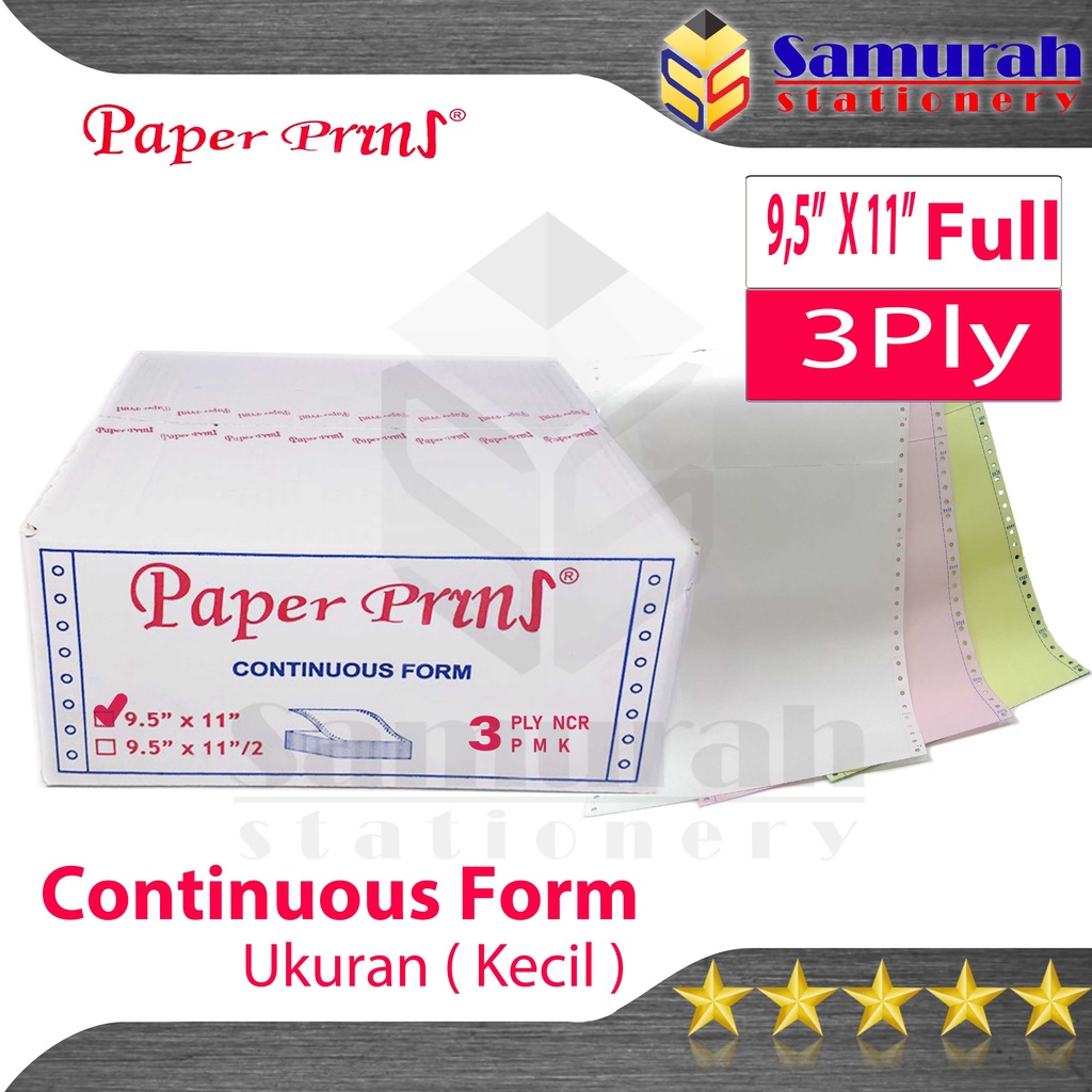 

Kertas Continuous Form Paper Prins 9,5 x 11" ( Full ) Atau 9,5 x 11/2 " ( Bagi 2 ) K3 Ply NCR PRS / Kertas Komputer Karbon PaperPrins Rangkap 3 Warna / CF Paperpryns 3 Ply Carbonize