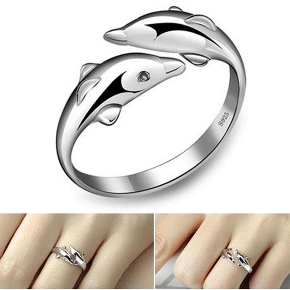 Mxbeauty Cincin Model Terbuka Adjustable Desain Lumba-Lumba Warna Silver Untuk Hadiah