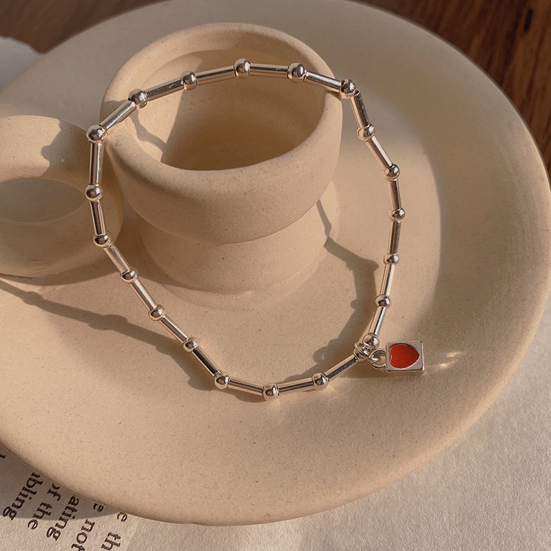 Gelang Bangle Desain Bambu Hati Merah Bahan Silver Gaya Korea Untuk Wanita