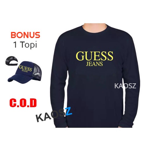 BONUS Topi - Kaos Distro Guess Jeans Kuning Premium Fashion Pria Wanita Lengan Panjang