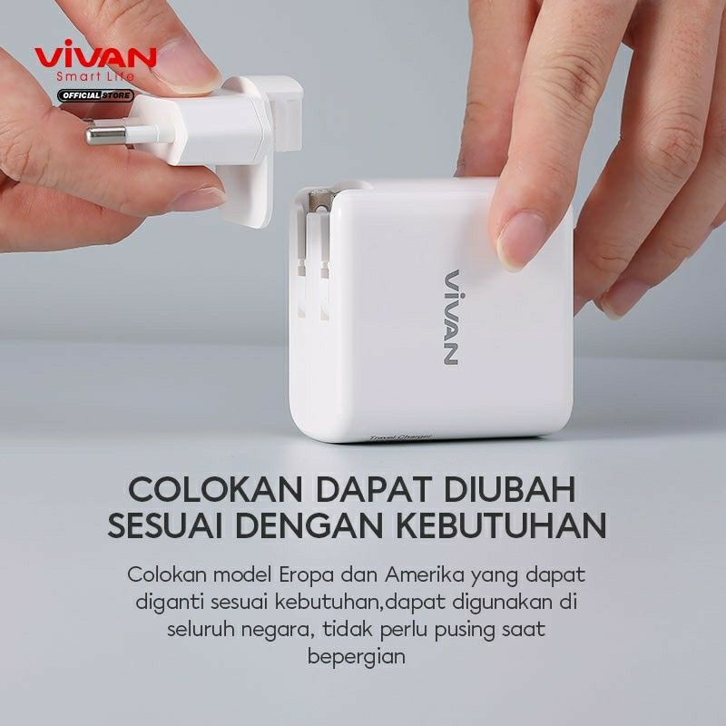 VIVAN GaN02S GAN 02S Charger Fast Charging 65W 5.4A GaN Technology QC4.0 USB &amp; Type-C Port US/EU 2 in1 Travel