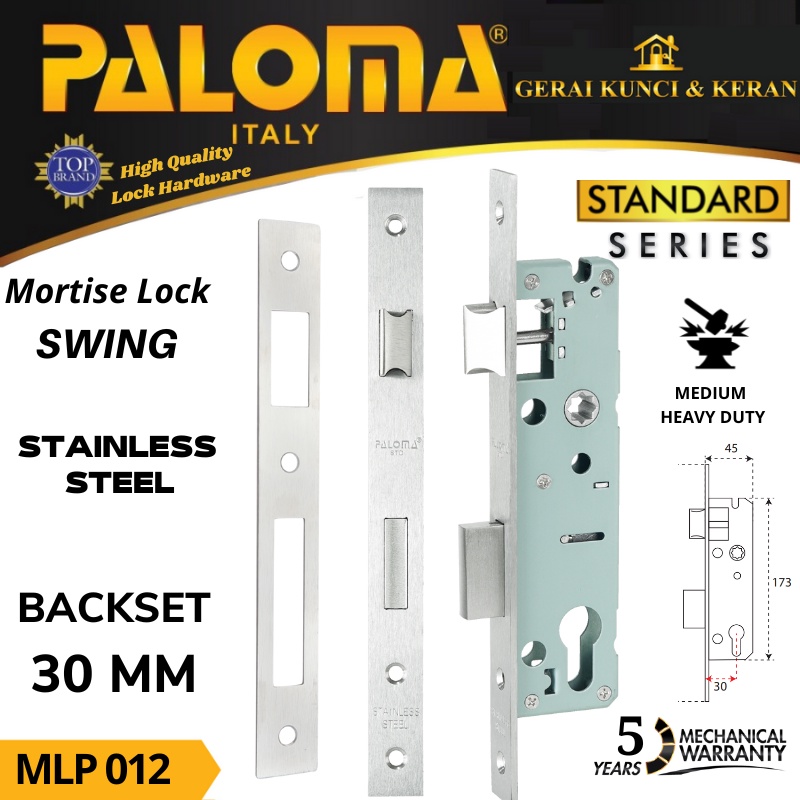 PALOMA MORTISE LOCK SWING  MLP 012  30MM SSS BODY KUNCI  PINTU ALUMINIUM  STAINLESS