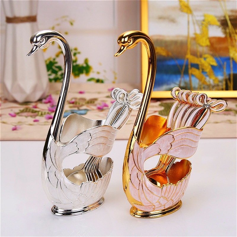 Swan Sendok Kopi Dengan Tempat Penyimpanan Home Zinc Alloy Salad Dessert Fruit Spoon