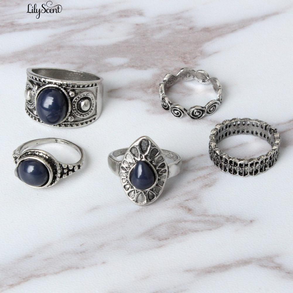 [Bayar Di Tempat]5 Pcs / Set Bohemian Vintage Biru Batu Paduan Cincin Jari Perhiasan Wo Menawan