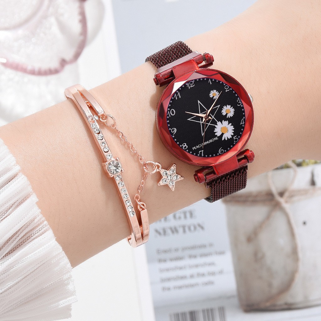 ELBER J174 Jam Tangan Rantai Wanita Jam Analog Motif Bunga Daisy-2