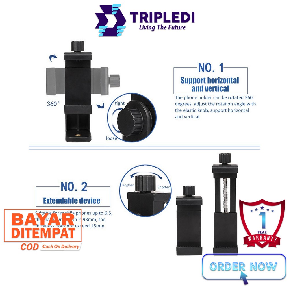 TRIPLEDI Phone Klip Stand Screw Baut Tongsis Tripod Selfie Stick Flash Light Dudukan Handphone Ponsel Rotatable  360 Derajat Horizontal Vertikal Universal IOS Android iPhone Samsung Extendable-5