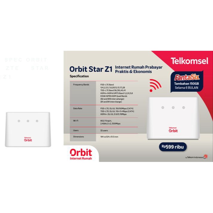 Modem Router Telkomsel Orbit Star Z1 • FREE KUOTA 150GB - Garansi Resmi HKM 2 Tahun - Garansi Resmi HKM 1 Tahun