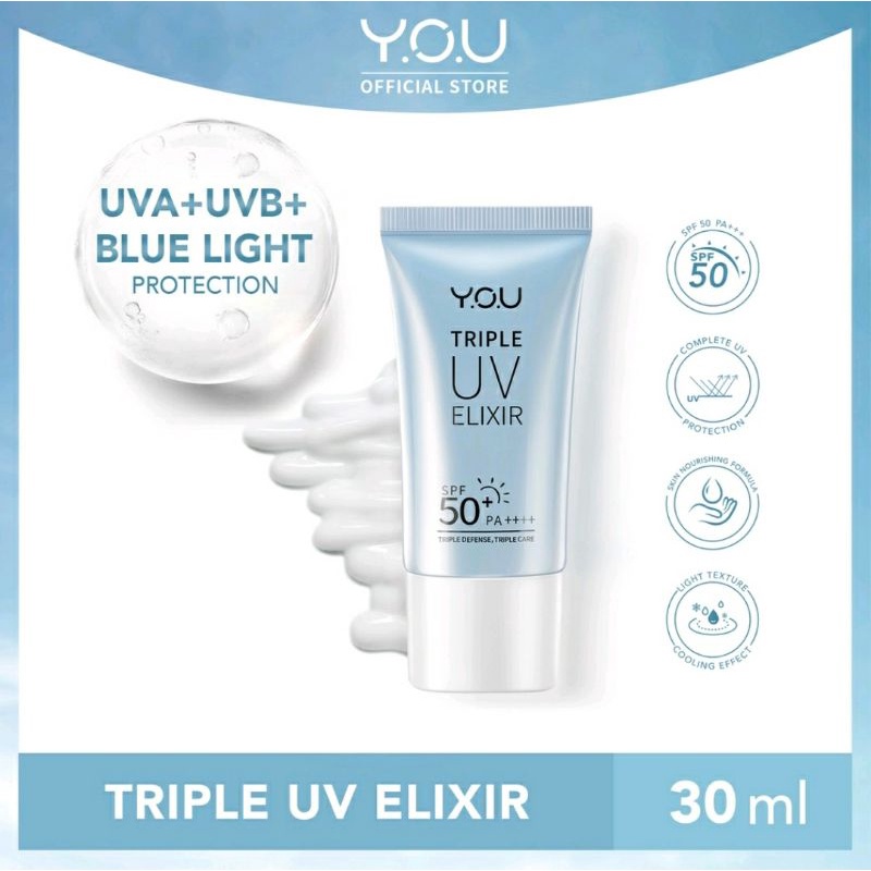YOU Triple UV Elixir Sunscreen Gel SPF 50+ PA++++ [UVA UVB Blue Light Protection] | Tabir Surya | Sunblock | Chemical Sunscreen | Hybrid Sunscreen | Sunscreen aman kulit berjerawat dan sensitif | Sunscreen ringan tidak lengket no white cast