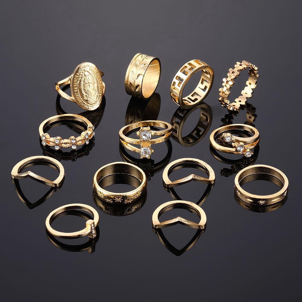 15 Pcs Cincin Bentuk Hati Warna Emas Gaya Bohemian Vintage Untuk Wanita