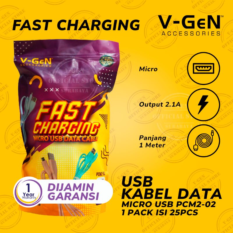 Kabel Data MicroUSB Bulat V-GeN PCM2-02 Fast Charging 2.1A 1 Pack isi 25pcs