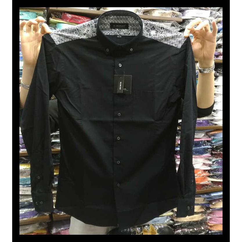 Kemeja Pria Alisan Slimfit Panjang Hitam Kombinasi Pundak Batik - Hitam, L Kode 1239