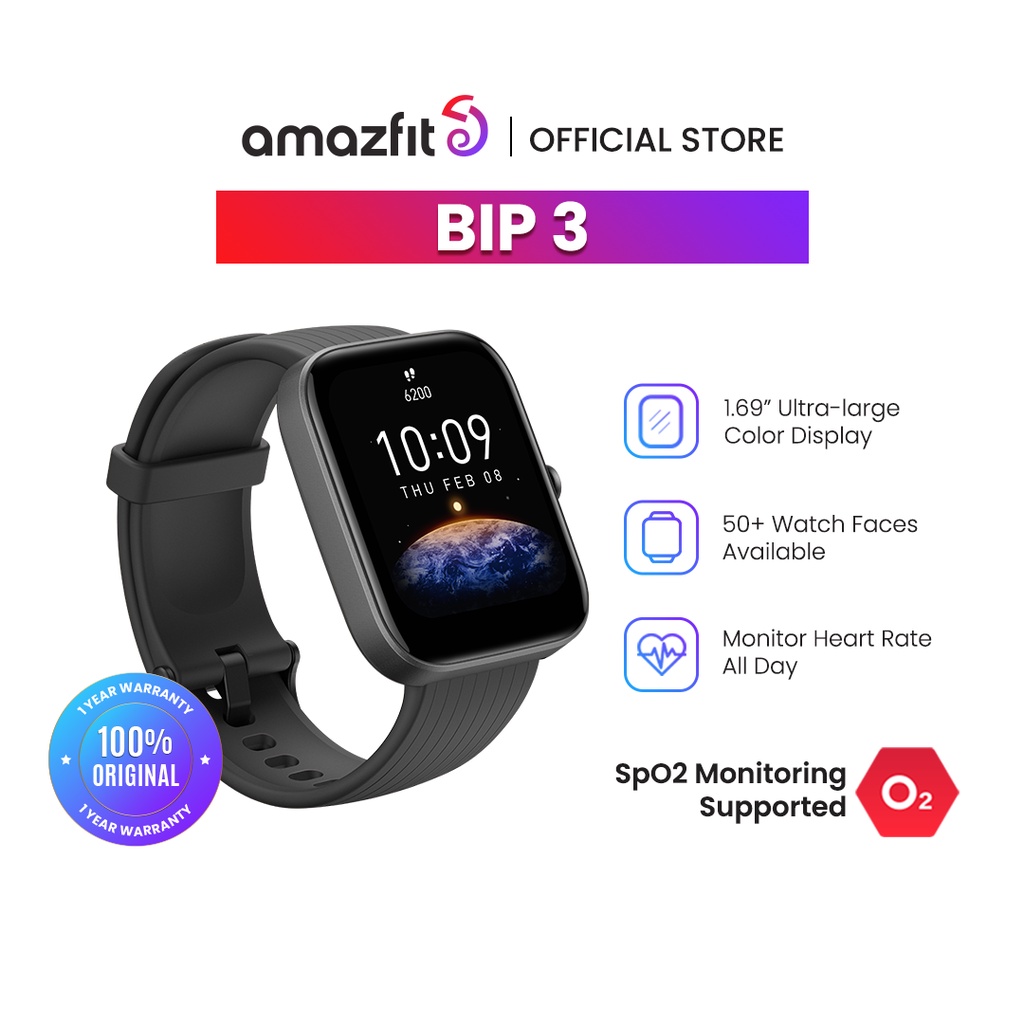 (New Launch) Amazfit BIP 3 Smartwatch 1.69″ Ultra-large Color Display, 50 watch faces, Blood-oxygen measurement Heart rate monitoring Jam tangan 5 ATM waterproof & 60+ Sports modes