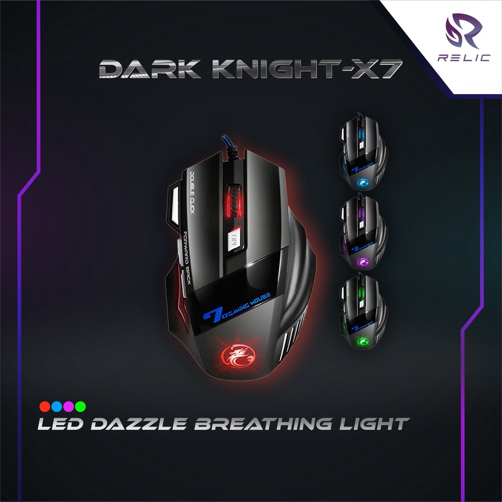 Mouse Gaming LED 7 Button 2400DPI Dark Knight Relic Dark Night LED 7 Button 2400DPI USB Aksesoris Laptop Komputer - X7