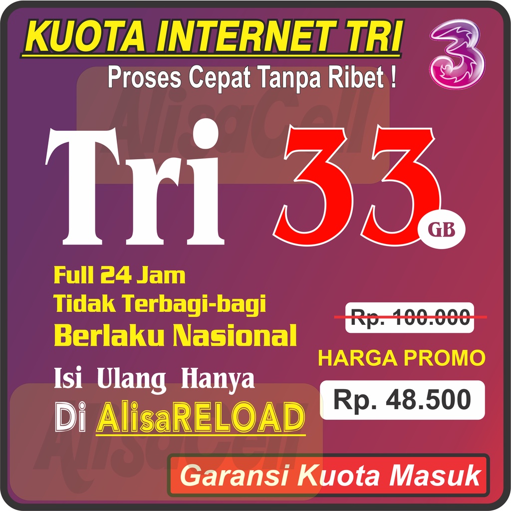 Three 33GB / Paket Data Tri 33GB / Kuota Internet three Terbaik