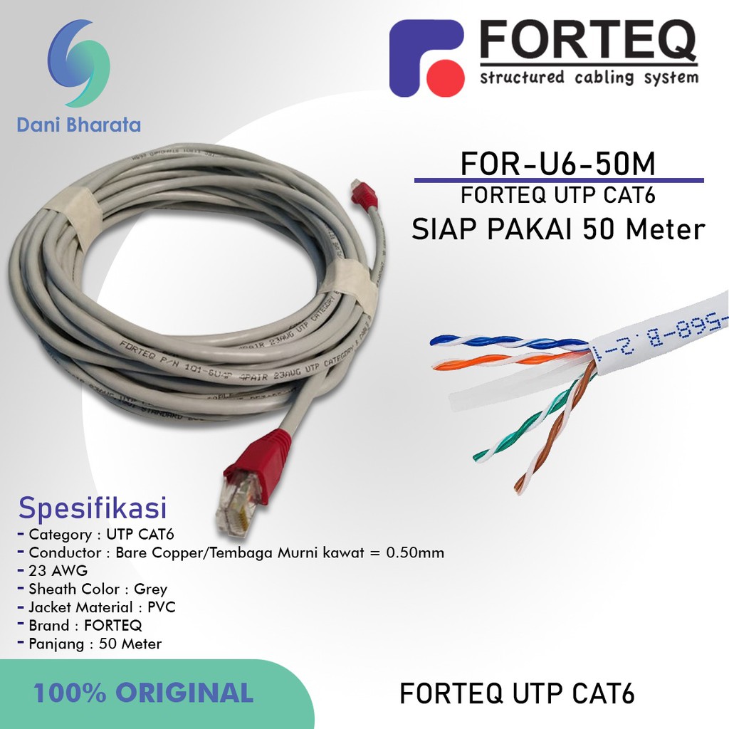 Kabel Lan Cat6e UTP Copper Indoor Merk FORTEQ Kabel Lan Siap Pakai 50M HIGH QUALITY