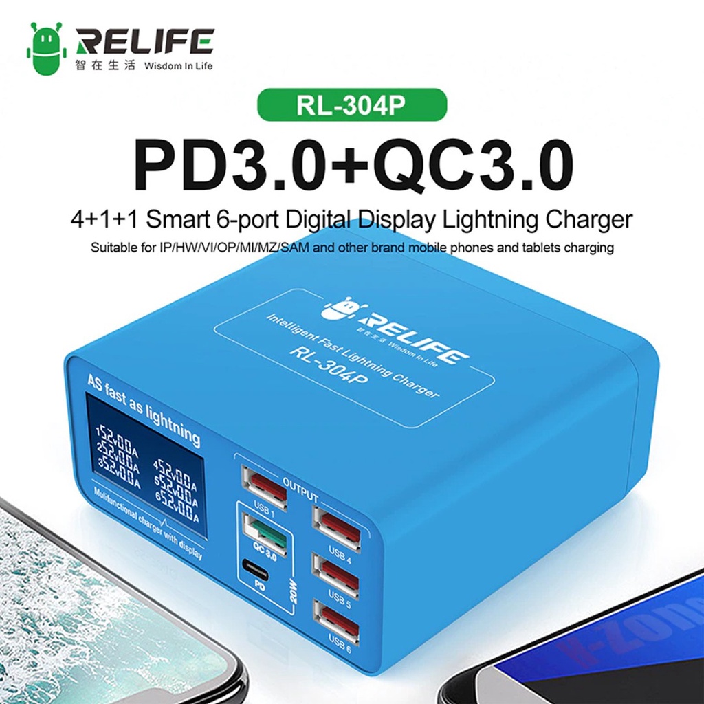 ADAPTOR CHARGER RELIFE RL-304P 6 PORT (DIGITAL) LIGHTNING