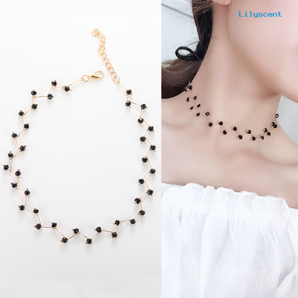 Kalung Choker Rantai Pendek Aksen Manik-Manik Gelombang Warna Hitam Untuk Wanita