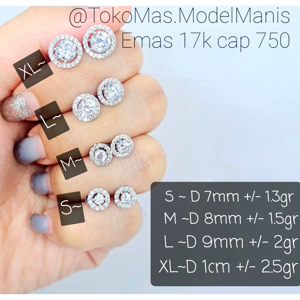 Anting giwang tusuk emas putih diamond looks 750 kadar 17 K best seller