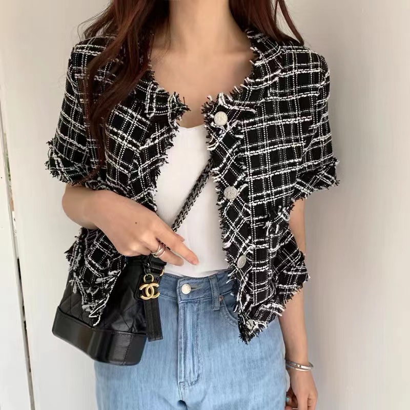 Jaket Crop Top Atasan Lengan Pendek/Rok High Waist Setelan Baju Wanita Korean Style-Hitam(Satu ukuran)