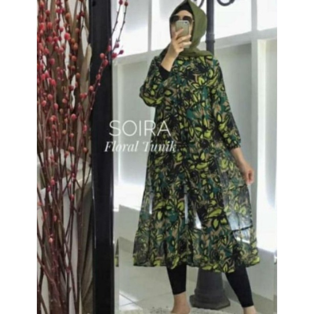 Soira floral tunik sifon hijau jumbo/ tunik motif bunga jumbo/ tunik sifon jumbo