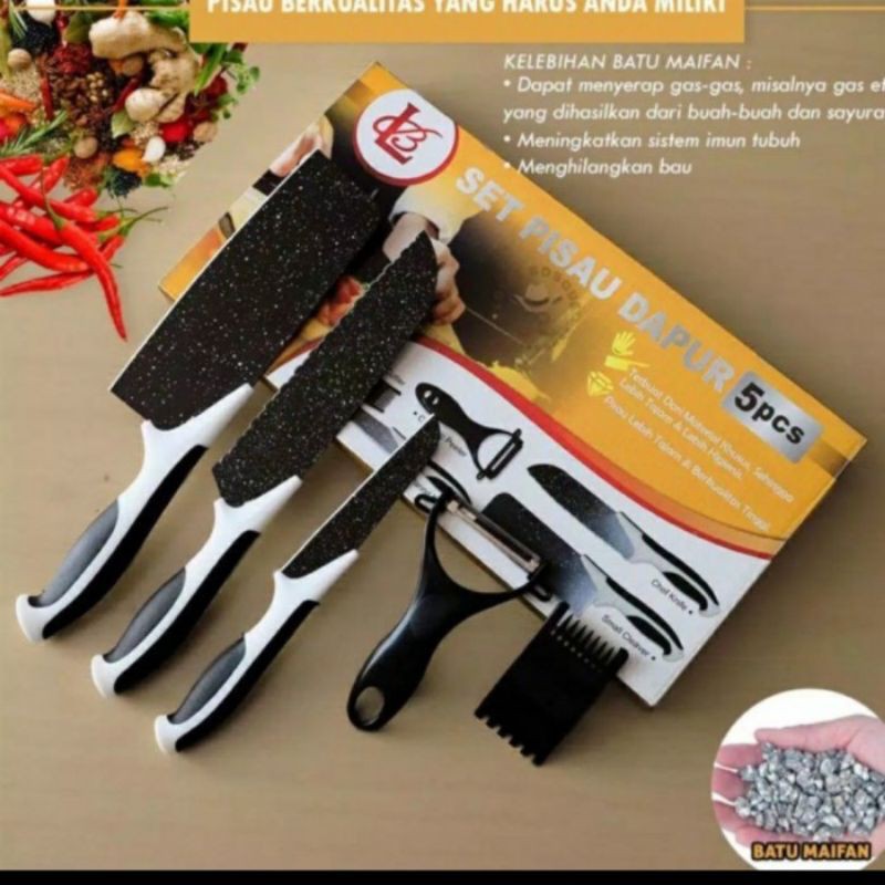 Pisau set batu maifan ceramic granite hitam dapur 5 in 1 kitchen knife aksesoris peeler slicer bumbu