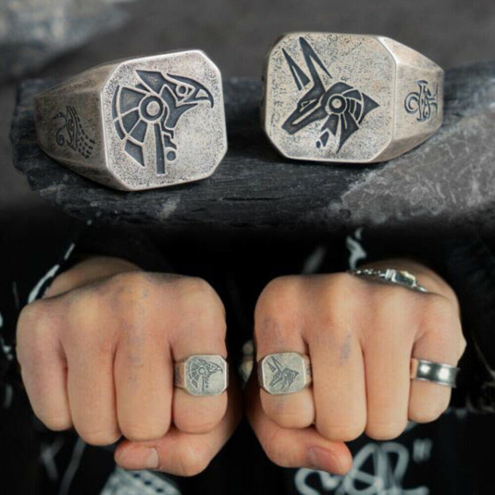 Mesir Mitologi Horus Anubis Baja Titanium Serigala Elang Vintage Perak Punk Pria Cincin Rings