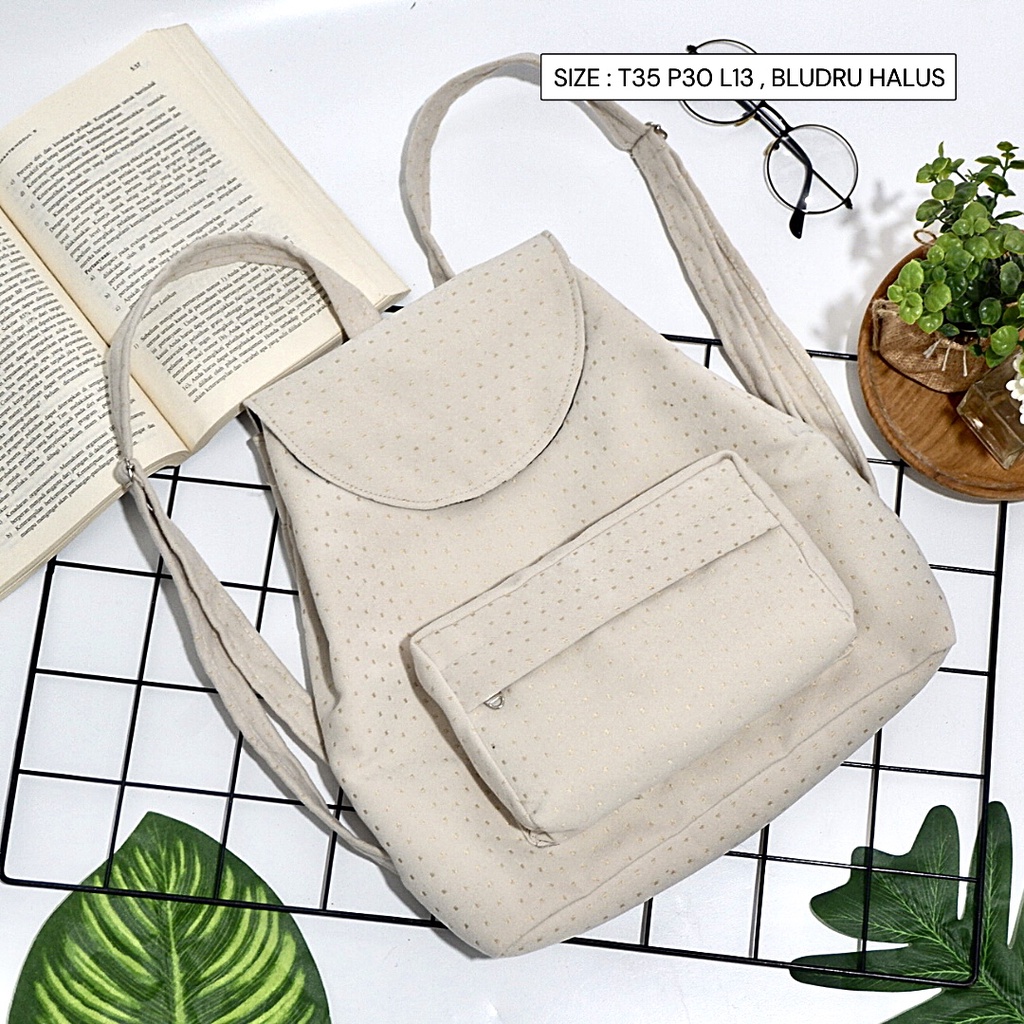 Bayar di Tempat COD Tas Ransel Serut Bahan Kanvas KANTONG Depan Ukuran Medium tas punggung wanita-Warna 576