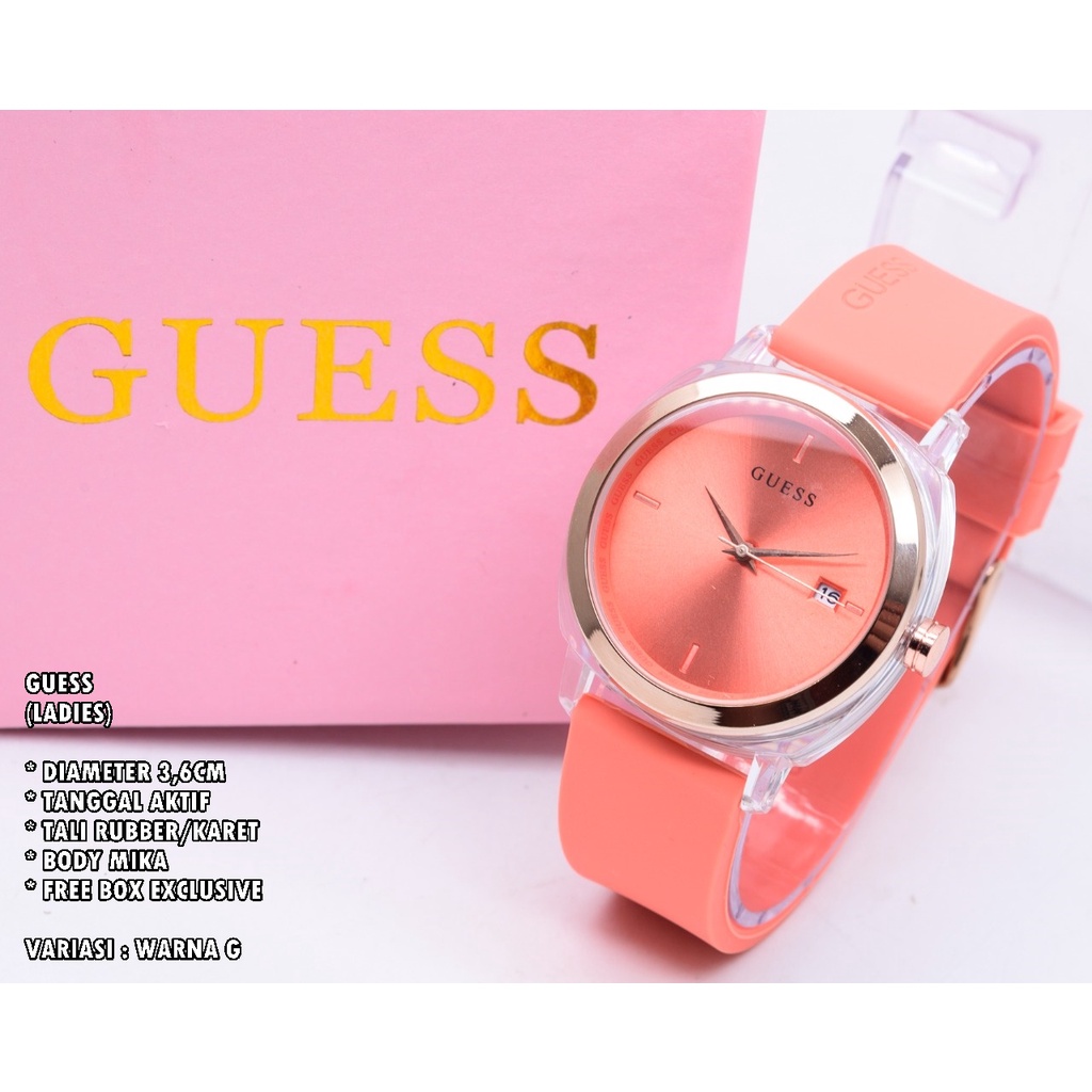 JAM TANGAN WANITA GUESS TALI RUBBER BODY BULAT TANGGAL AKTIF