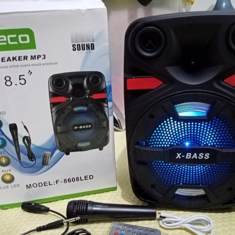 COD SPEAKER FLECO X-BASS 8'5 INCH F-8608 LED FREE MIC KAROKE+REMOTE X-BASS//SALON AKITIF 8'5 INCH X-BASS//SPEAKER KARAOKE