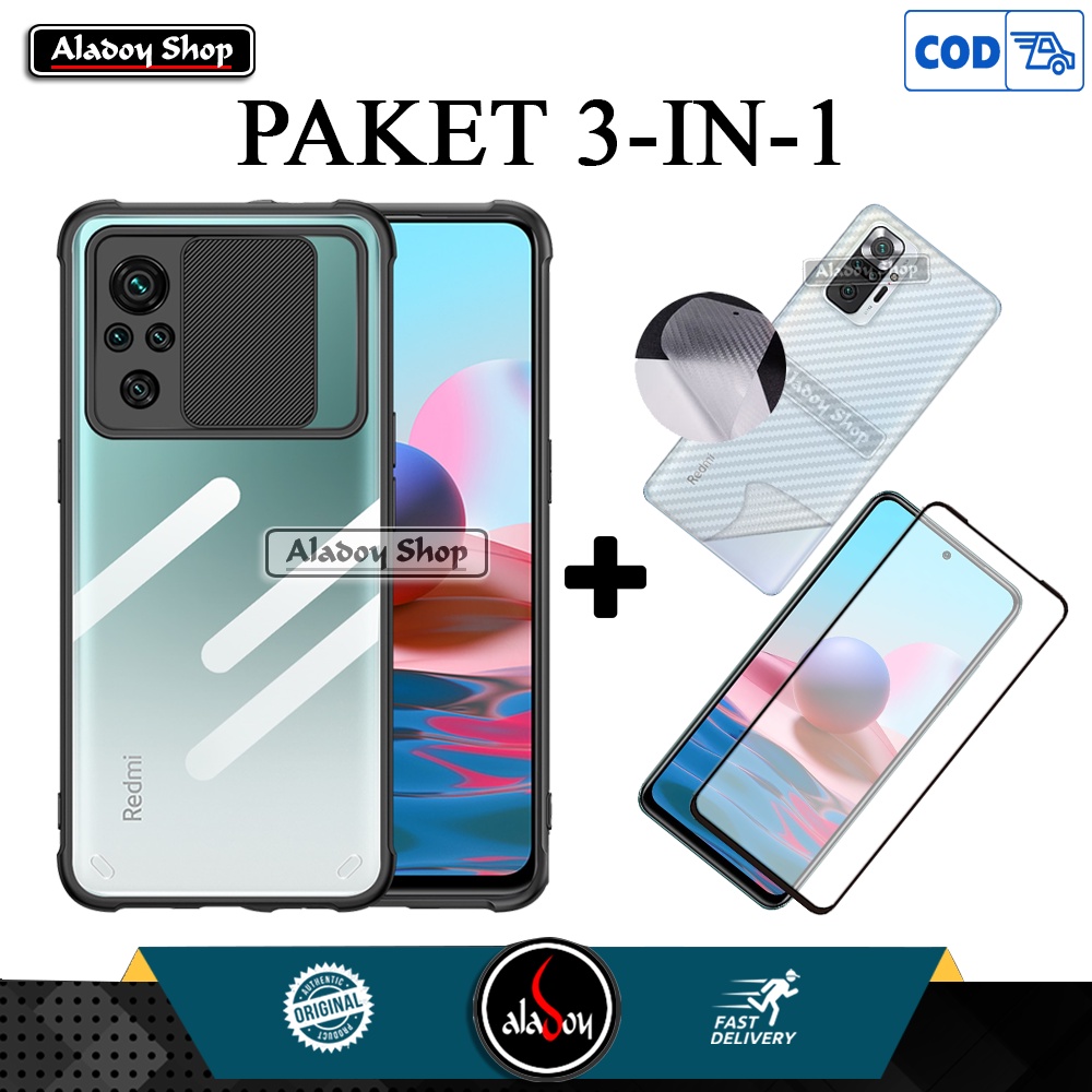 PAKET Case XIAOMI REDMI NOTE 10 Premium Case Fusion Slide Protection Camera + Tempered Glass + Skin