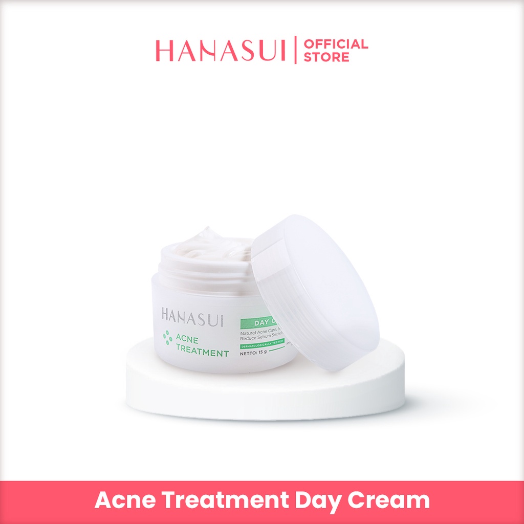 HANASUI Acne Treatment Day Cream Indonesia / Natural Acne Care Skin Protection Reduce Sebum Secretion 15g / Krim Siang Wajah Kulit Muka / Moist Pelembab / Skincare Face Facial Wash Cleanser Toner Essence Serum Night Spot Gel Paket Flawless Glow 10 Series