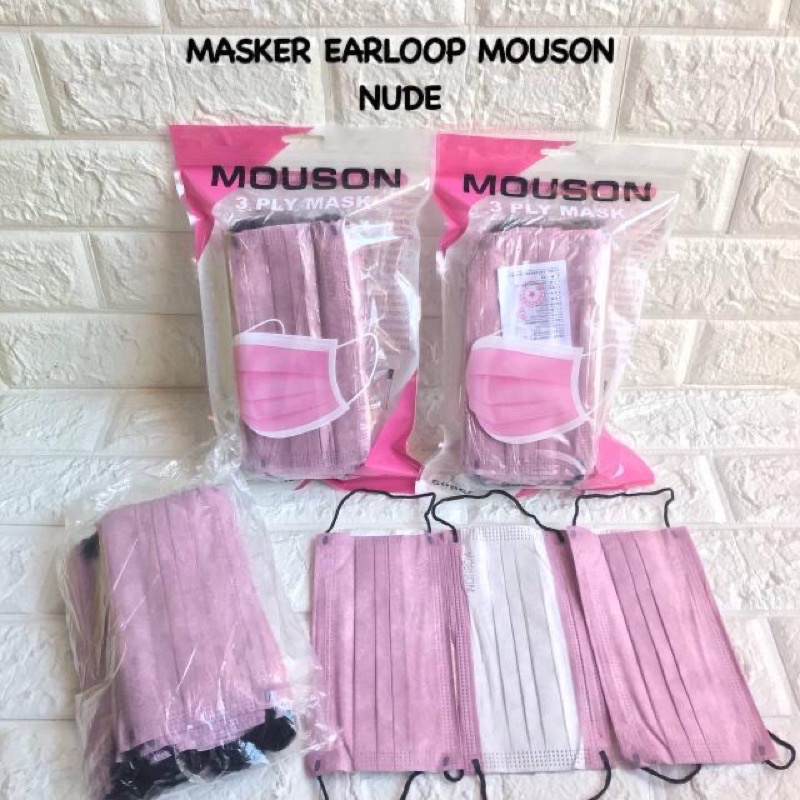 MASKER EARLOOP 3PLY PEACH MERK MOUSON CAREION TERMURAH 1BOX ISI 50PCS