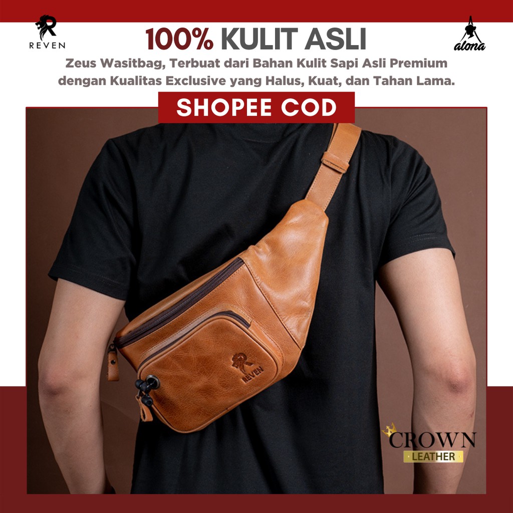 Tas Selempang Kulit Pria Sling Bag Waistbag Cowok Tas Pinggang Pria Kulit Sapi Asli Slempang Original Premium Keren Terbaru Zeus Bag by Crown Leather Crownleather Store