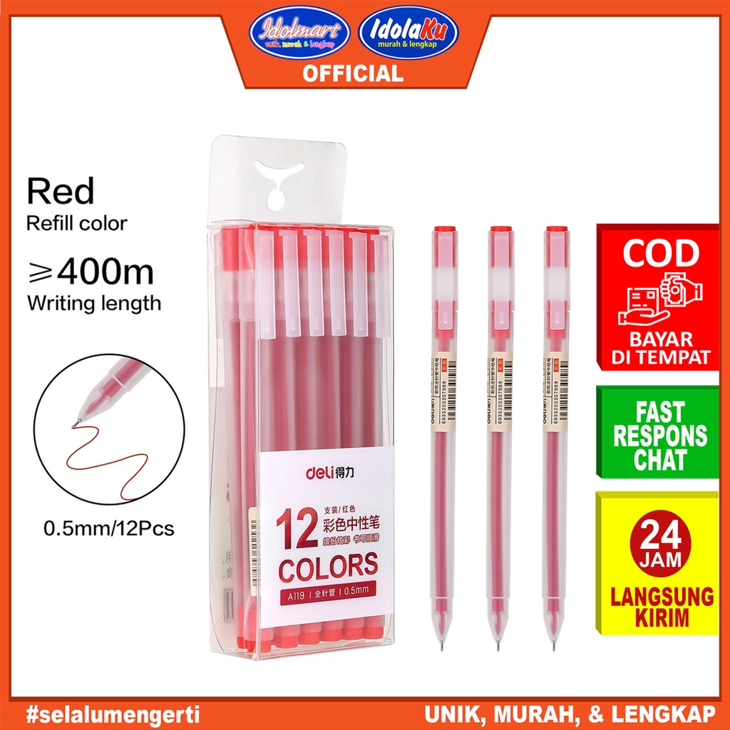 

IDOLMART Deli Pulpen Gel Pen A119 Merah / Tip 0.5mm Panjang Penulisan Hingga 400m /pcs Deli Bandung