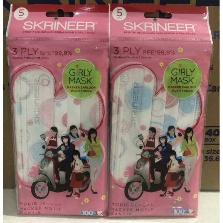 Masker Skrineer 3 ply ear loop girly mask 2ply Masker / Masker remaja Anti debu 3ply masker