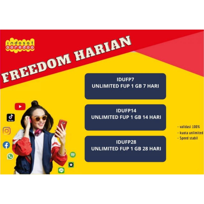 Paket Data Internet Indosat Freedom Harian (1GB / HARI) Kuota isi Ulang UNLIMITED ( 7HARI-28HARI )