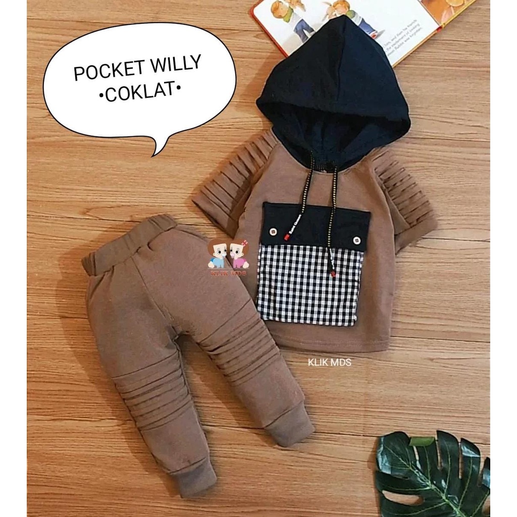 Setelan Anak Laki - Laki / Baju Bayi Laki- Laki Model Hoodie Lengan Pendek  Celana Panjang Ada Kantong Motif Pocket Willy