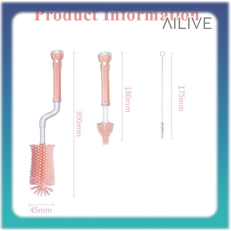 AILIVE Sikat Pembersih Botol 3in1 Silikon Premium / Sikat Botol Sedotan Dot Bayi Putar 360 Kualitas Premium