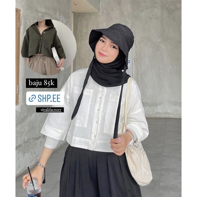 SIVALI Kemeja Crop Linen Pocket - Oversized Shirt Linen - Outer Crop Linen - Atasan Wanita 991