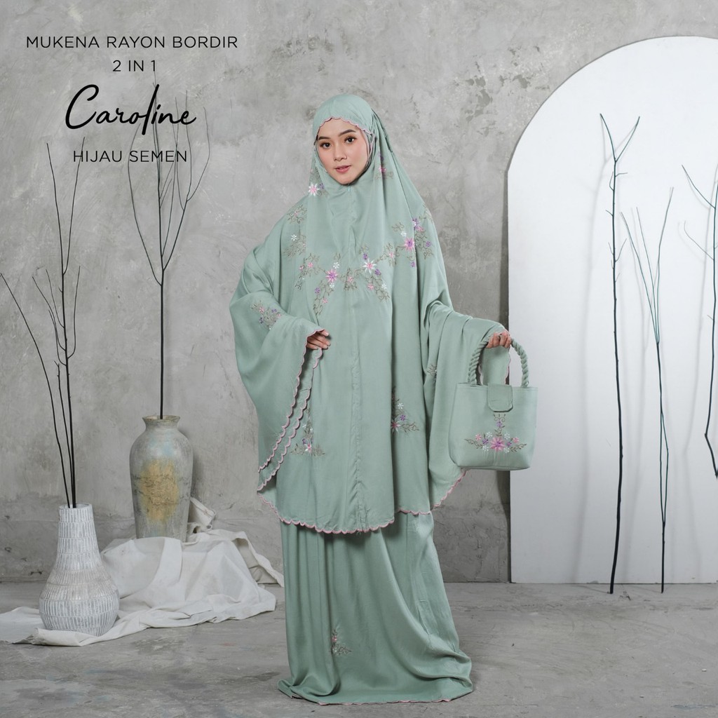 PUSAT MUKENA TASIK - MUKENA RENDA DEWASA RAYON BORDIR 2 IN 1 CAROLINE
