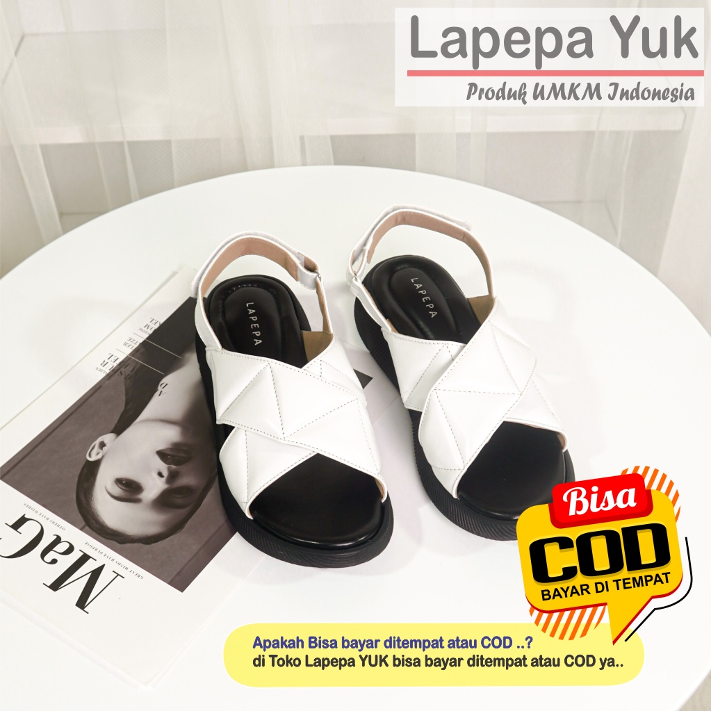 LAPEPA YUK -  Sepatu Sandal Wanita Wedges JOVITA Model Ban dua Tali Strap belakang Hak Tinggi Sole 4 cm Spatu Sendal Gunung Cewek  Size 36 37 38 39 40 41 Warna WHITE Putih Cewe Kekinian Premium Terbaru Shoes Ori Original Mall Official Store Promo