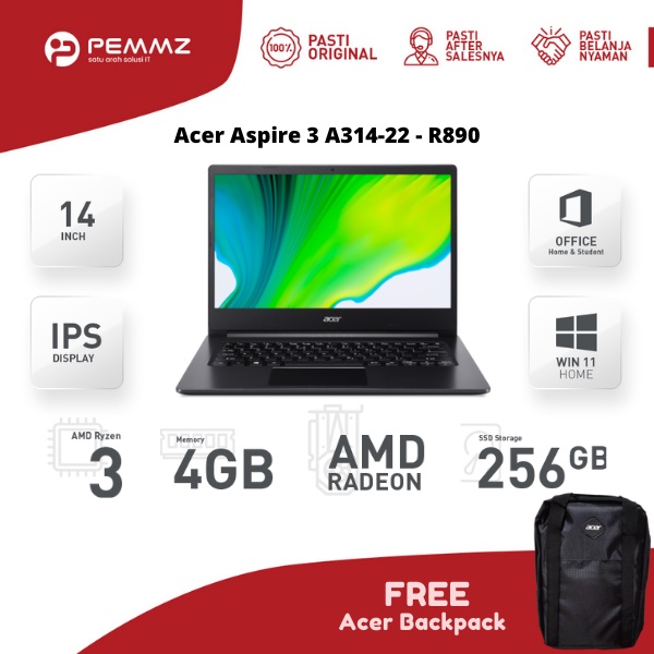 ACER ASPIRE 3 A314-22 - R890 - R3-3250U - 256GB SSD - CHARCOAL BLACK