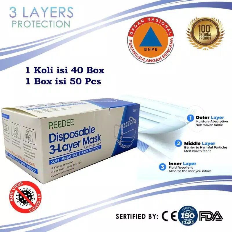 Masker 3ply Earloop Disposable ; masker 3ply isi 50 pcs