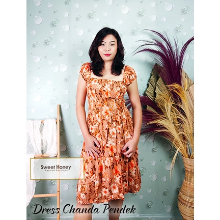 Sweet Honey ~ Dress Chanda Canda Kerut Jumbo Rayon Bali LD 120cm Dress Midi Motif Bunga Mawar Vanessa Fuji Worm