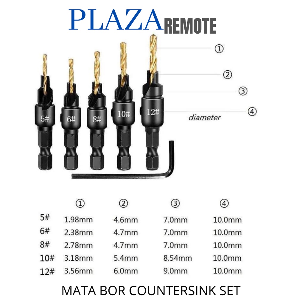 COUNTER SINK MATA BOR DRILL BIT HSS COUNTERSINK 1.98-3.56 MM SET 5 PC + 1 KUNCI L