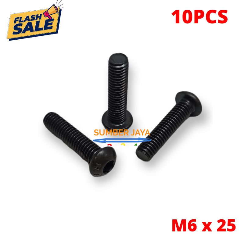 Baut L Button 6x25 hitam baja isi 10 PCS  / M6x25 / baut L 6x25 TERMURAH